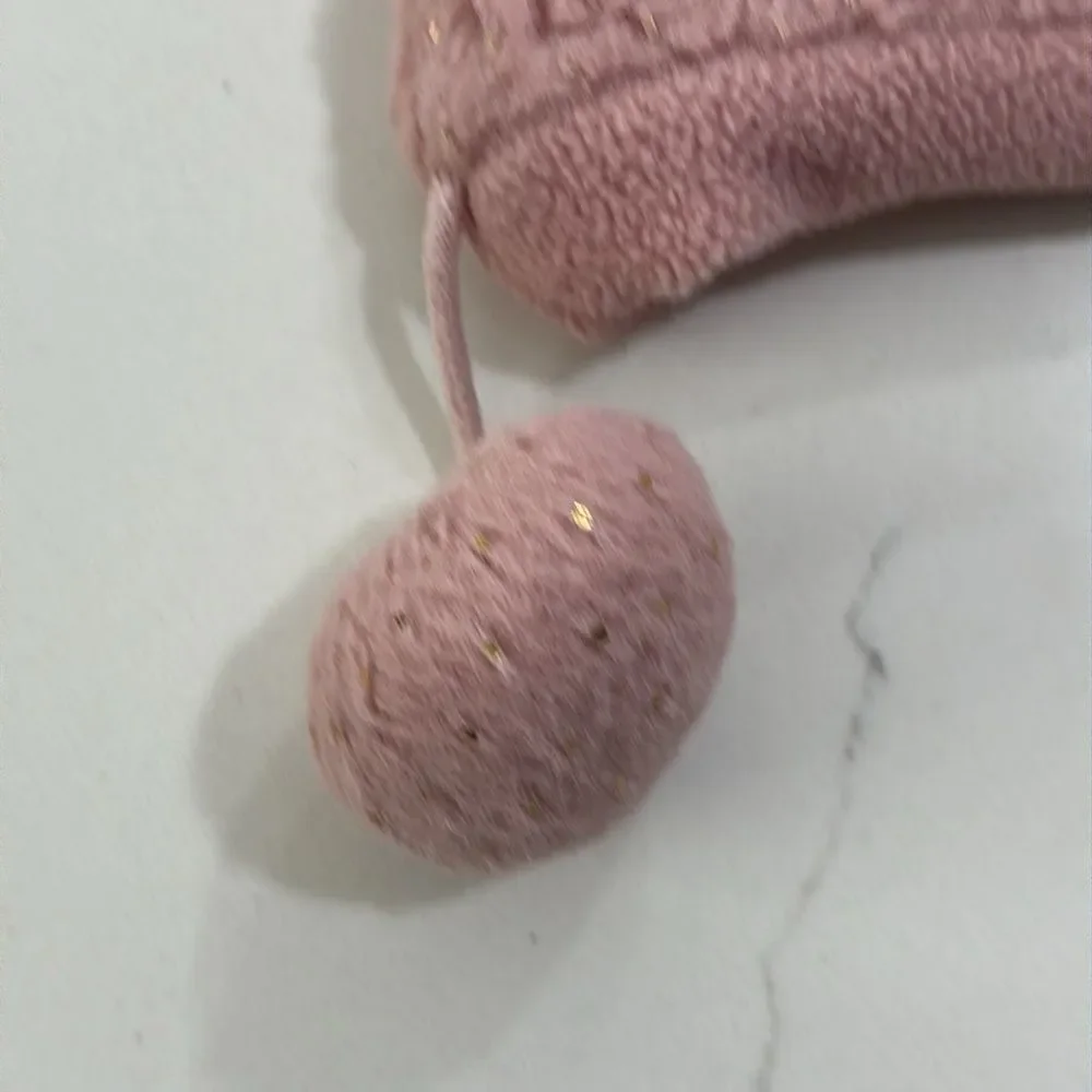 Girls Kids Pink Bear Ears Fleece Winter Hat Gold Flecks Pom Poms Size 52 (6 5/8)